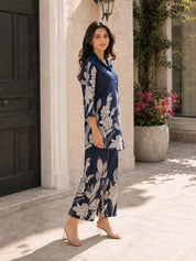 Royal Blue Floral Printed Russian Silk Co-Ord Set with Shell Button Embellishments