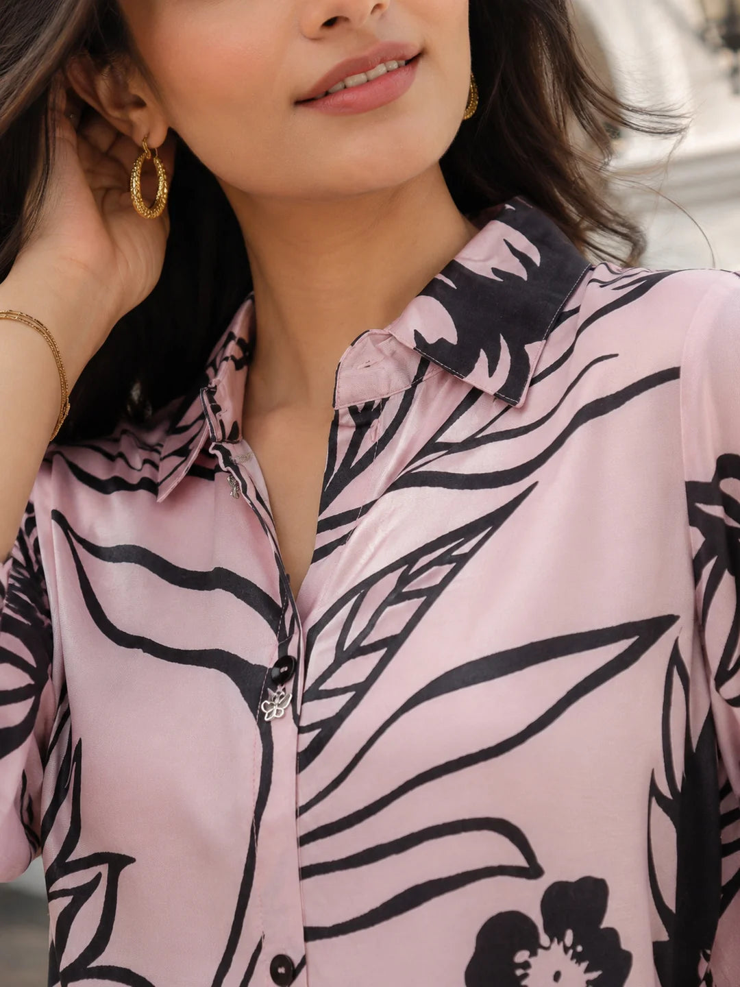 Baby Pink & Black Floral Printed Top in Russian Silk