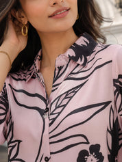 Baby Pink & Black Floral Printed Top in Russian Silk