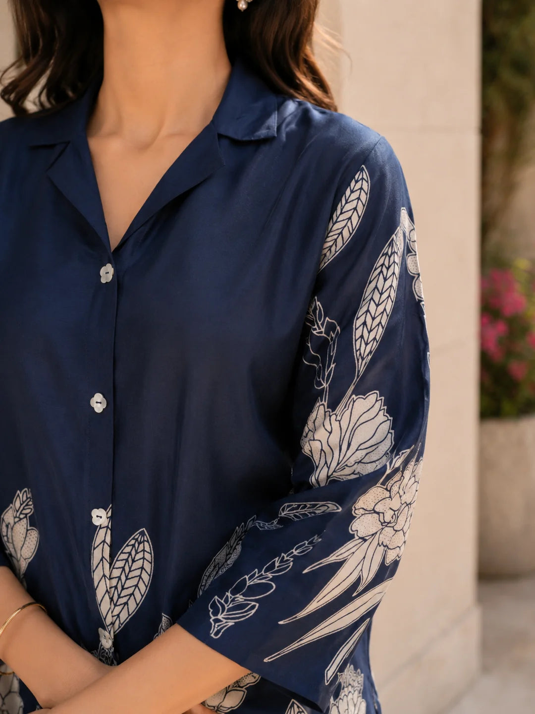 Royal Blue Floral Printed Russian Silk Co-Ord Set with Shell Button Embellishments