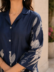 Royal Blue Floral Printed Russian Silk Co-Ord Set with Shell Button Embellishments