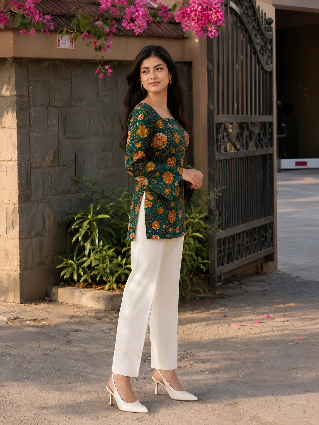 Dark Green Floral Print Short Kurti in Cotton