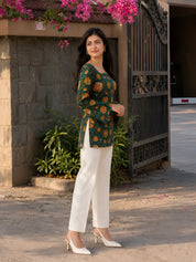 Dark Green Floral Print Short Kurti in Cotton