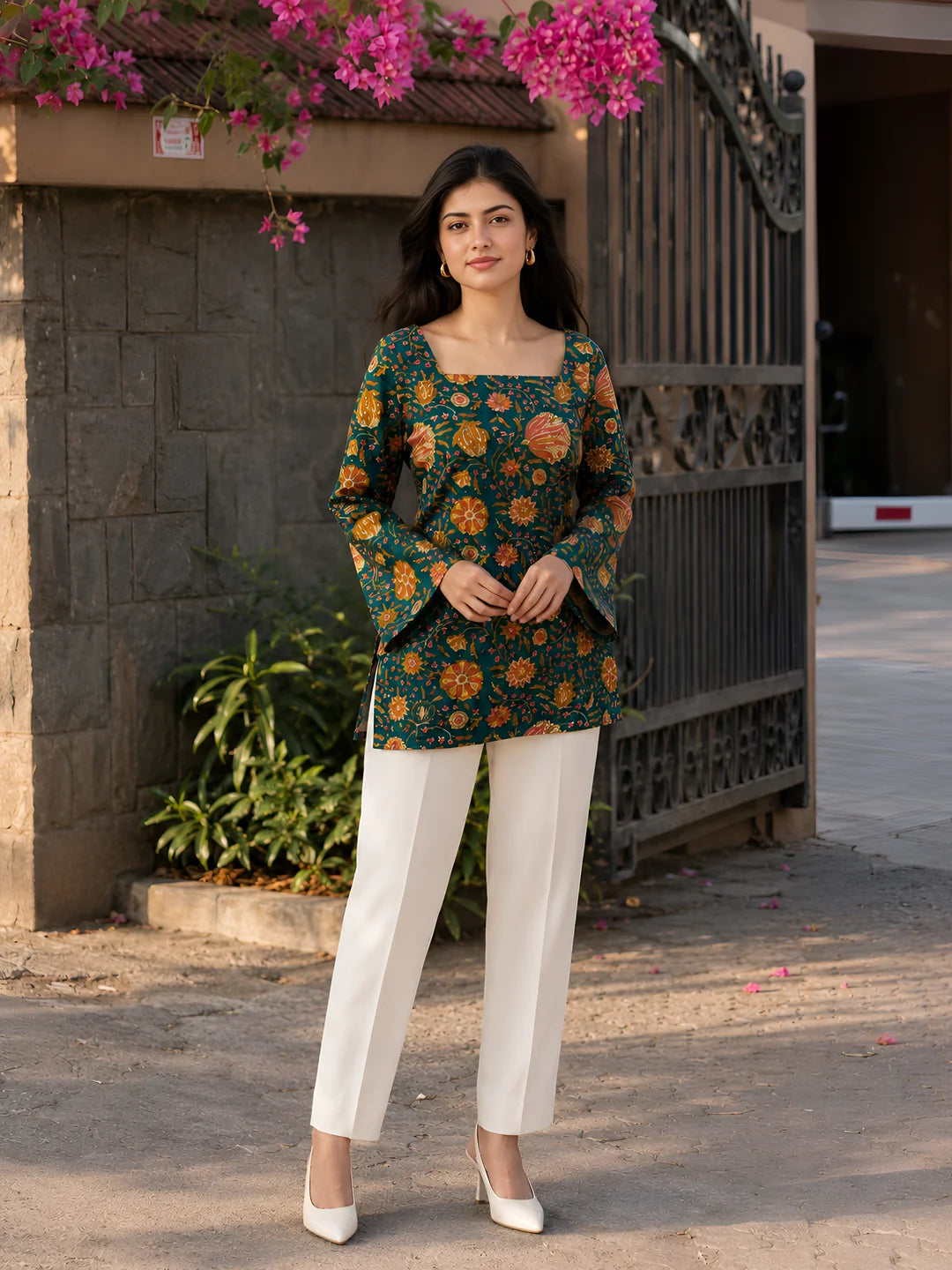 Dark Green Floral Print Short Kurti in Cotton