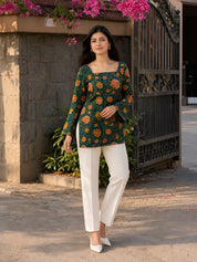 Dark Green Floral Print Short Kurti in Cotton