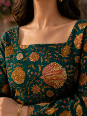 Dark Green Floral Print Short Kurti in Cotton