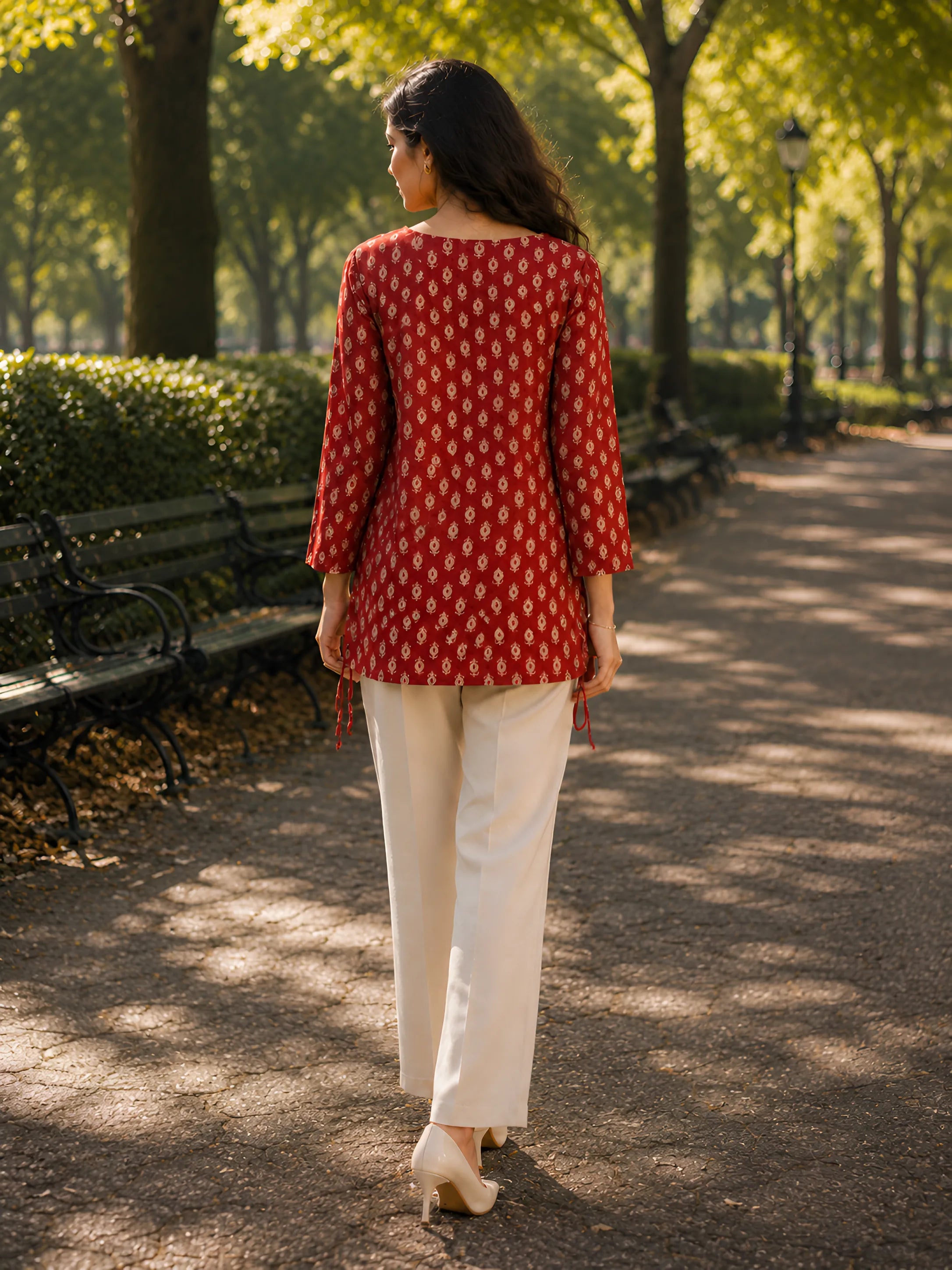 Brick Red Floral Block Print Short Kurti with Criss-Cross Tie Sides in Cotton