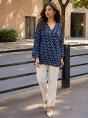 Navy Blue Floral Block Print Short Kurti with Criss-Cross Tie Sides in Cotton