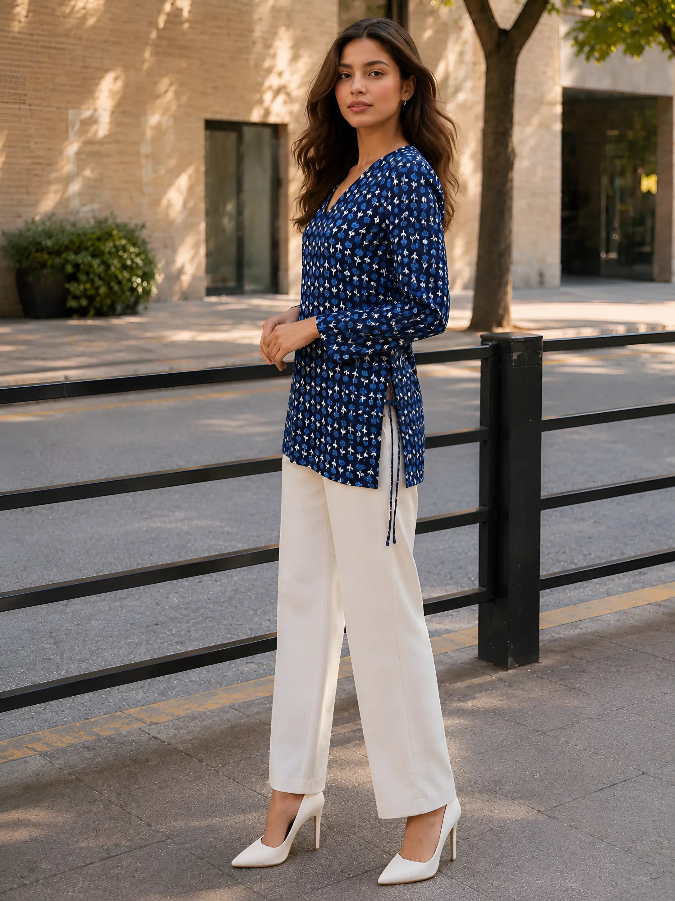 Navy Blue Floral Block Print Short Kurti with Criss-Cross Tie Sides in Cotton