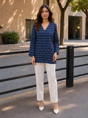 Navy Blue Floral Block Print Short Kurti with Criss-Cross Tie Sides in Cotton