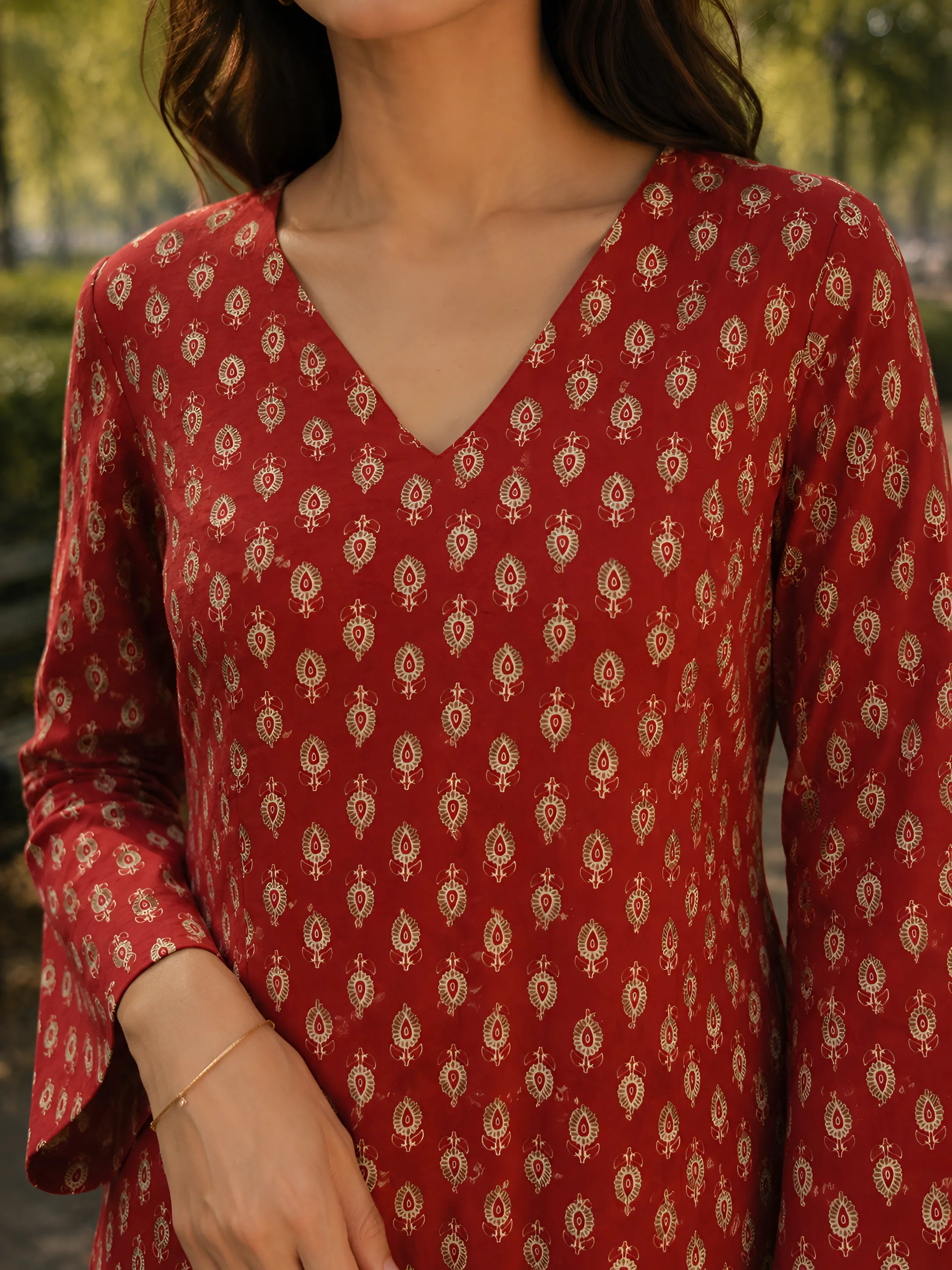 Brick Red Floral Block Print Short Kurti with Criss-Cross Tie Sides in Cotton