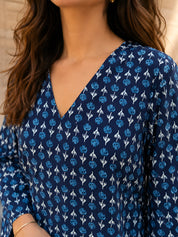 Navy Blue Floral Block Print Short Kurti with Criss-Cross Tie Sides in Cotton