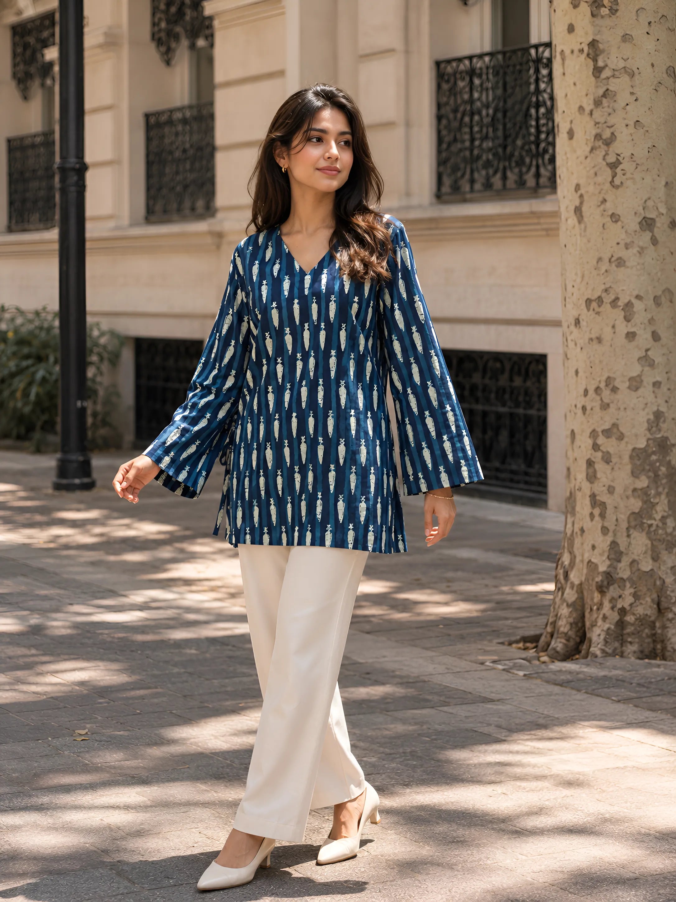 Indigo Dabu Print Short Kurti with Criss-Cross Tie Sides in Cotton