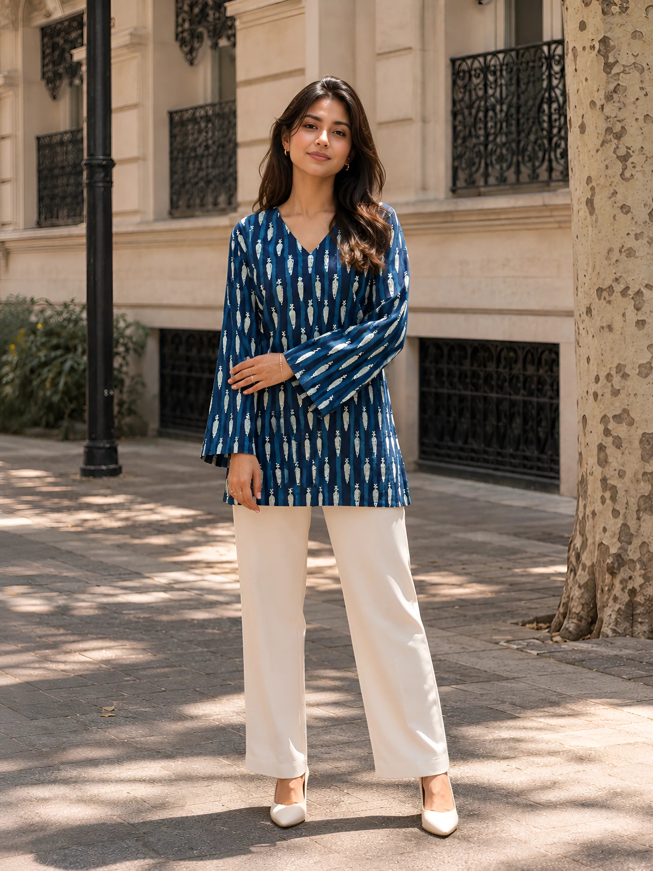 Indigo Dabu Print Short Kurti with Criss-Cross Tie Sides in Cotton