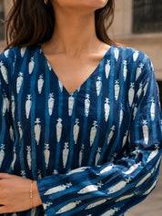 Indigo Dabu Print Short Kurti with Criss-Cross Tie Sides in Cotton