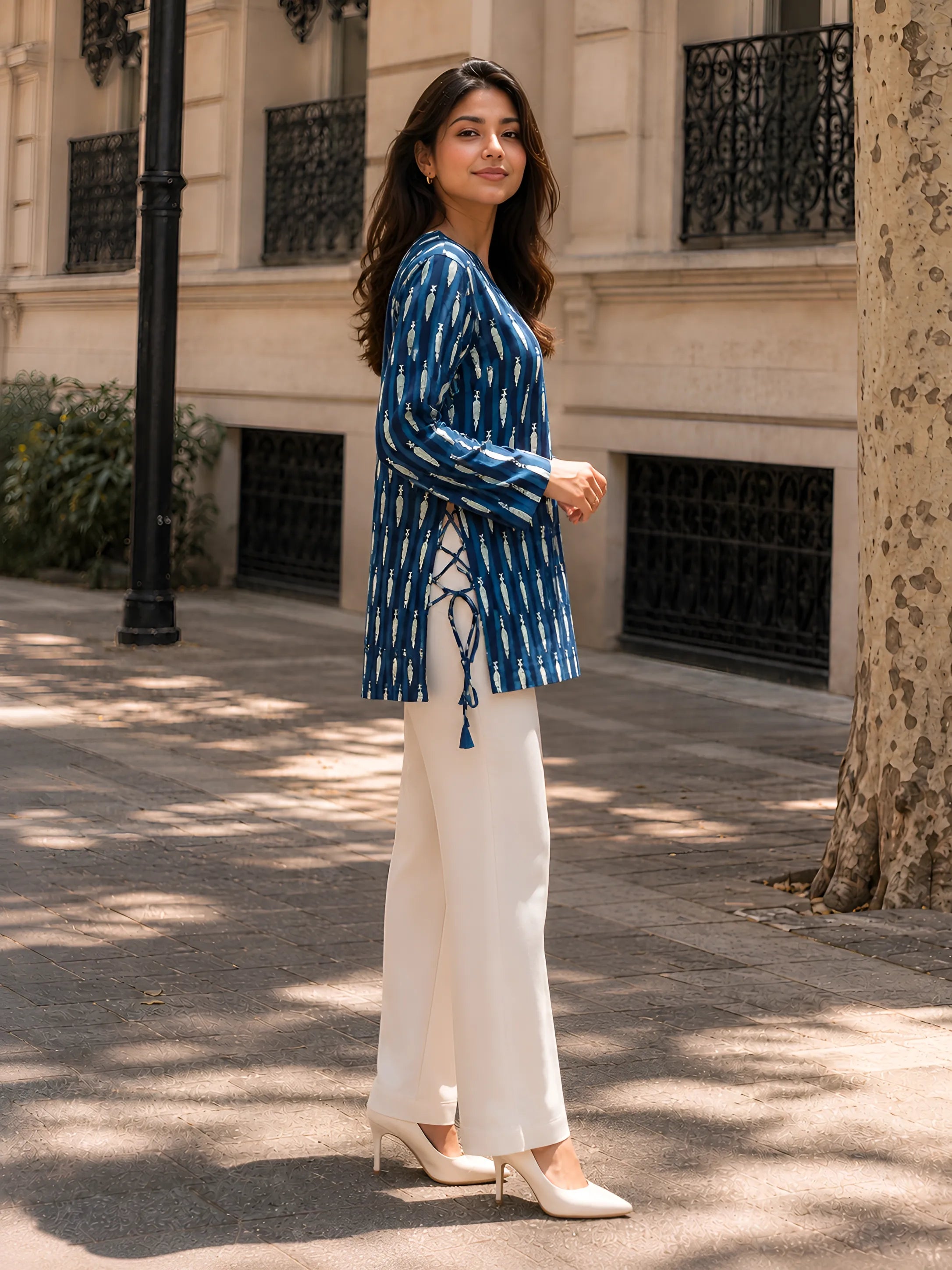 Indigo Dabu Print Short Kurti with Criss-Cross Tie Sides in Cotton
