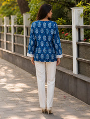 Indigo Dabu Print Short Kurti in Cotton