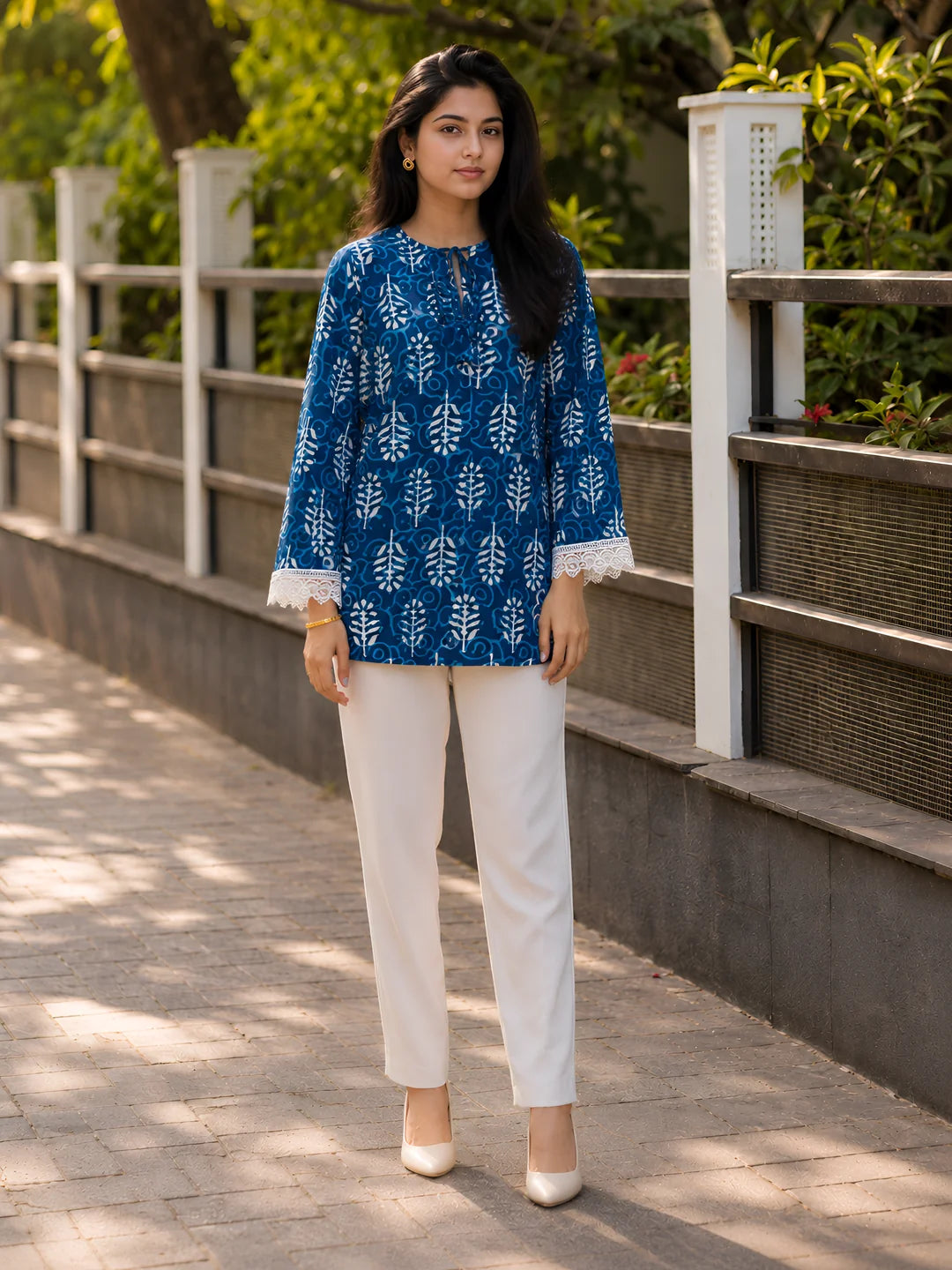 Indigo Dabu Print Short Kurti in Cotton