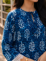 Indigo Dabu Print Short Kurti in Cotton