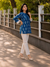 Indigo Dabu Print Short Kurti in Cotton