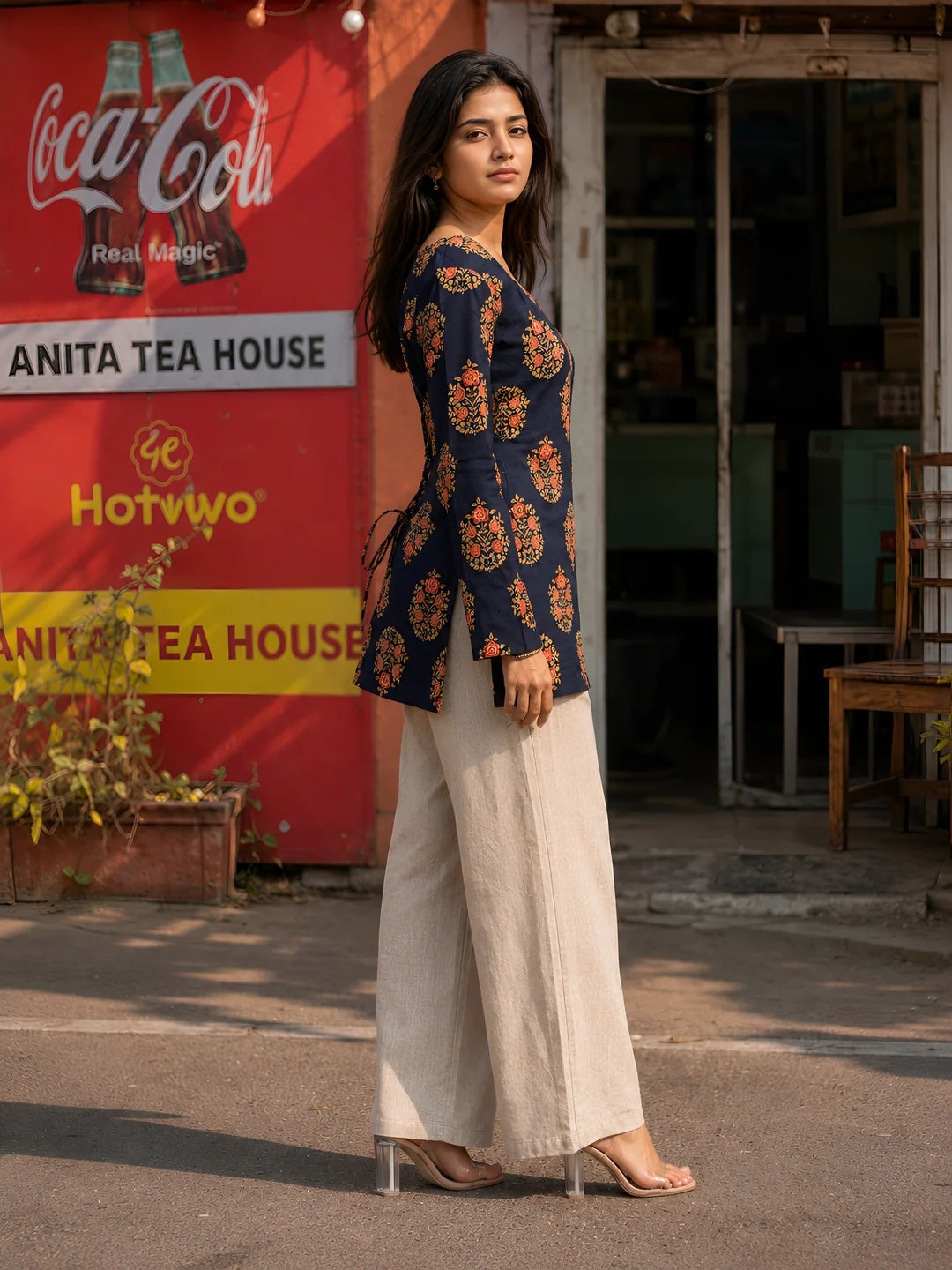 Navy Blue Block Print Short Kurti in Cotton