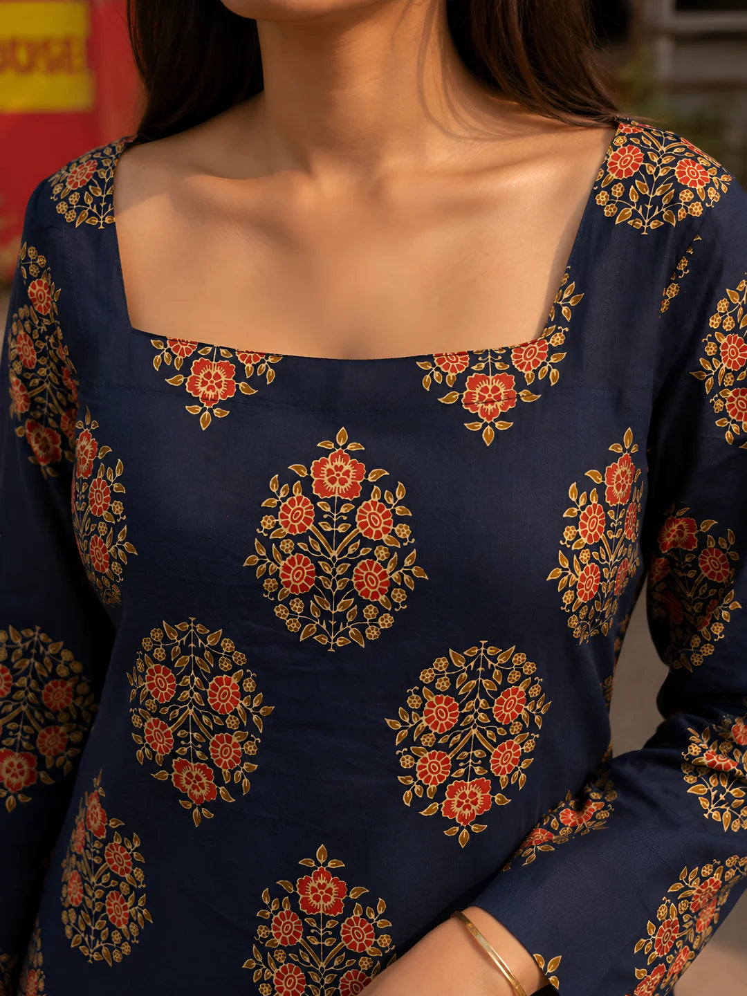 Navy Blue Block Print Short Kurti in Cotton