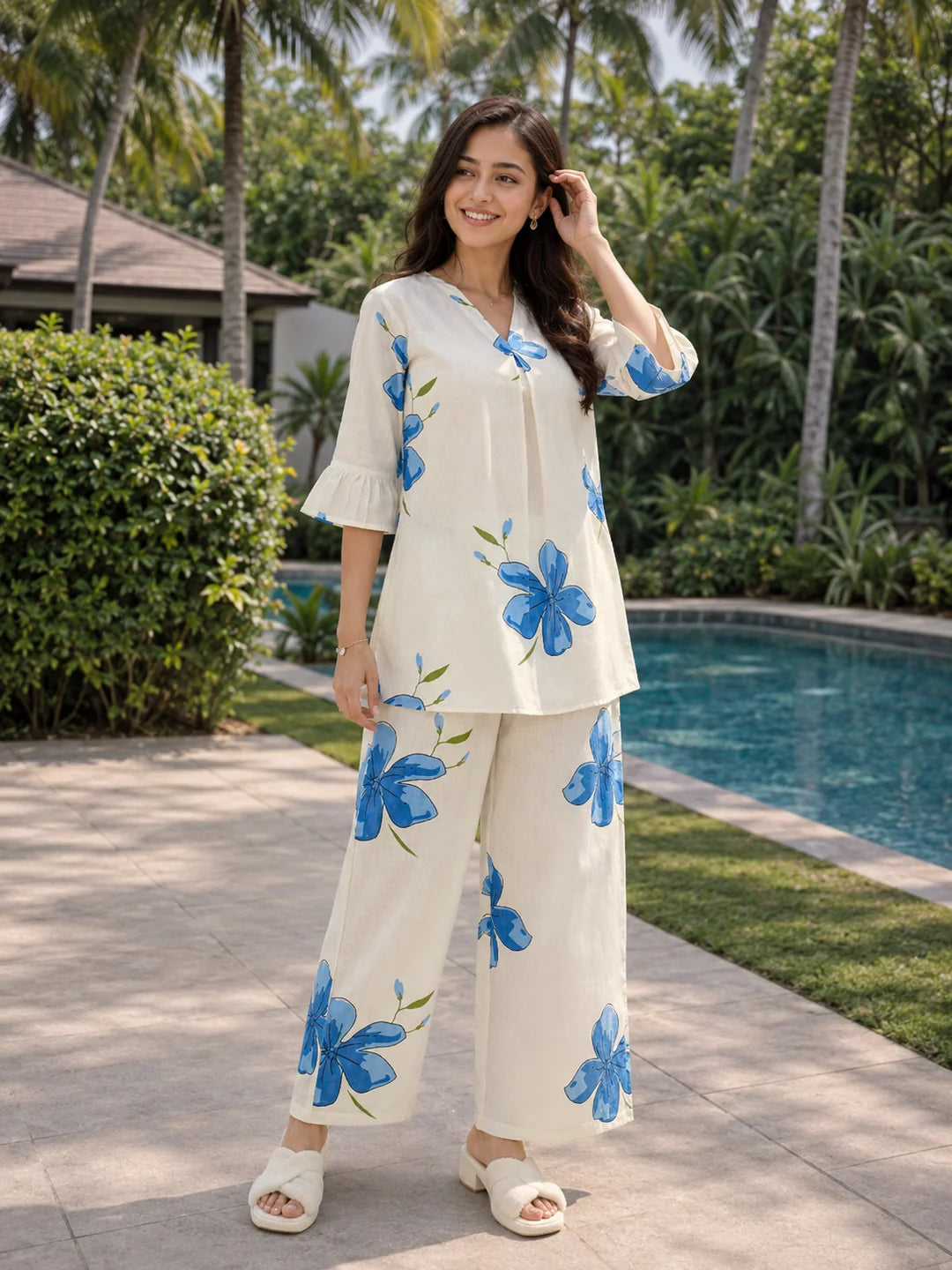 White & Blue Floral Cotton Co-ord Set