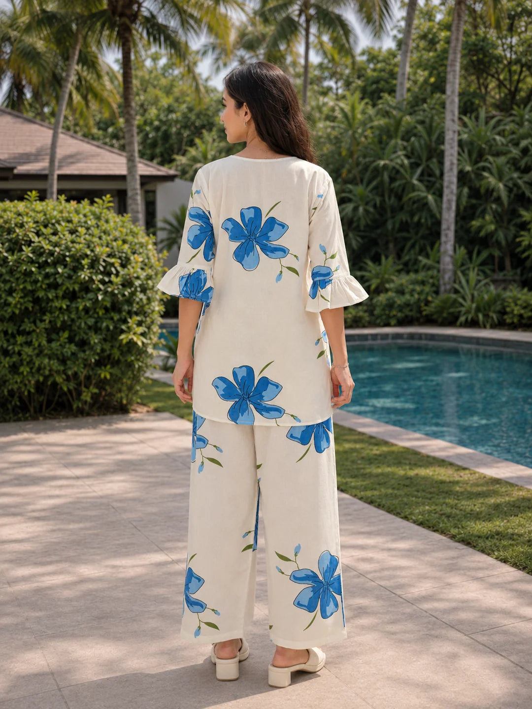 White & Blue Floral Cotton Co-ord Set