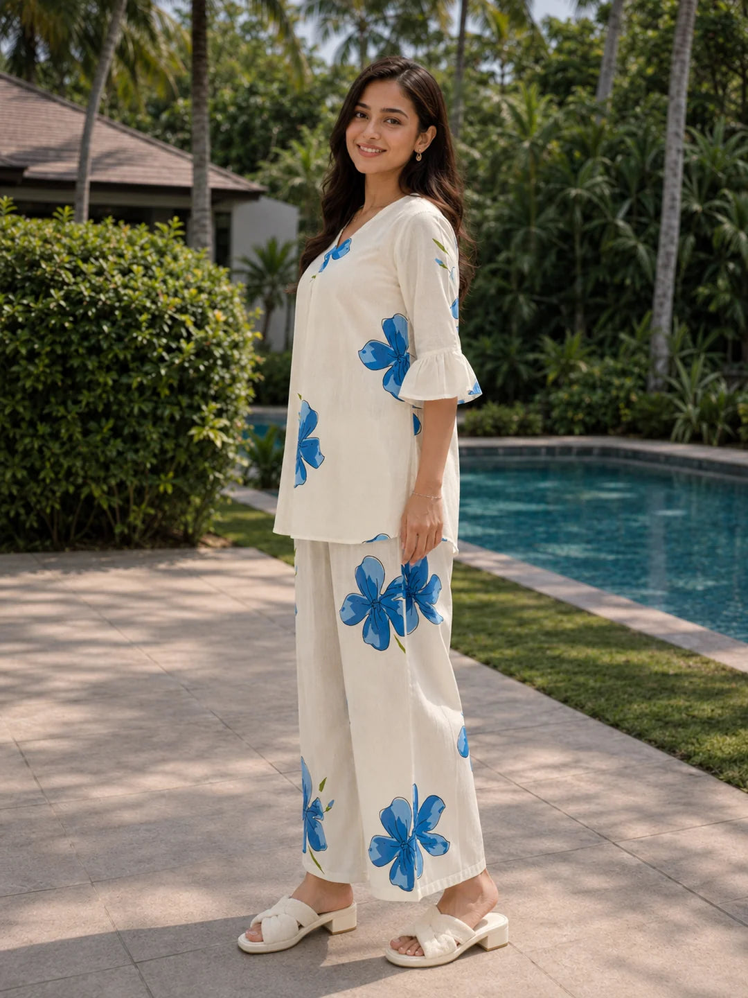 White & Blue Floral Cotton Co-ord Set