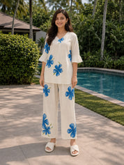 White & Blue Floral Cotton Co-ord Set