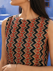 Black & Red Zig-Zag Cotton Short Kurti