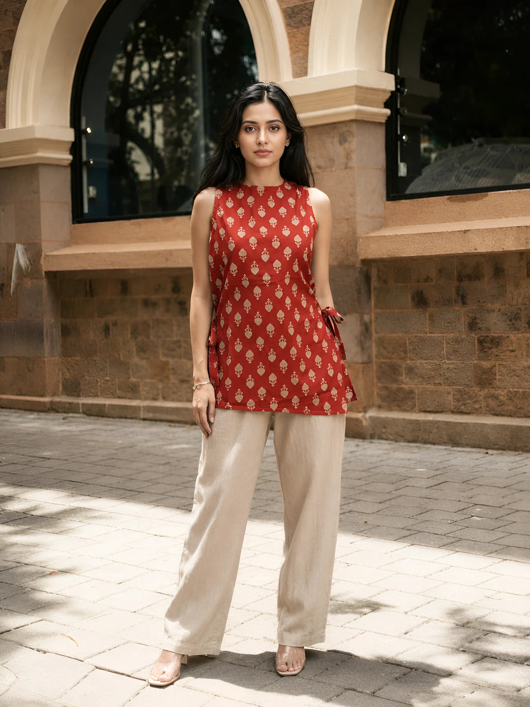 Brick Red Floral Buti Short Kurti in Cotton