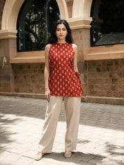 Brick Red Floral Buti Short Kurti in Cotton