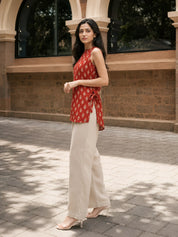 Brick Red Floral Buti Short Kurti in Cotton