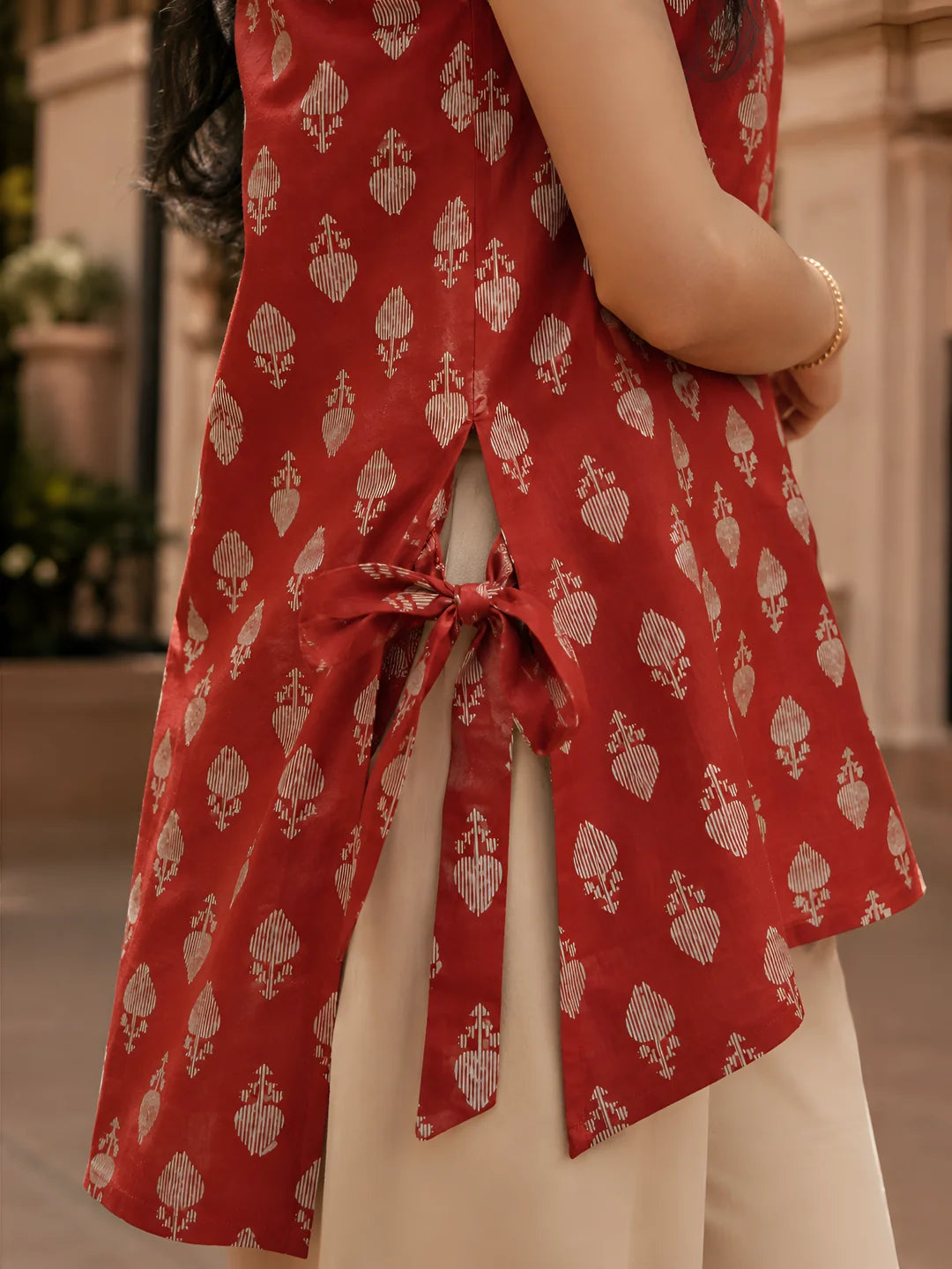 Brick Red Floral Buti Short Kurti in Cotton