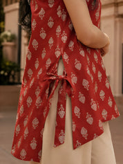 Brick Red Floral Buti Short Kurti in Cotton