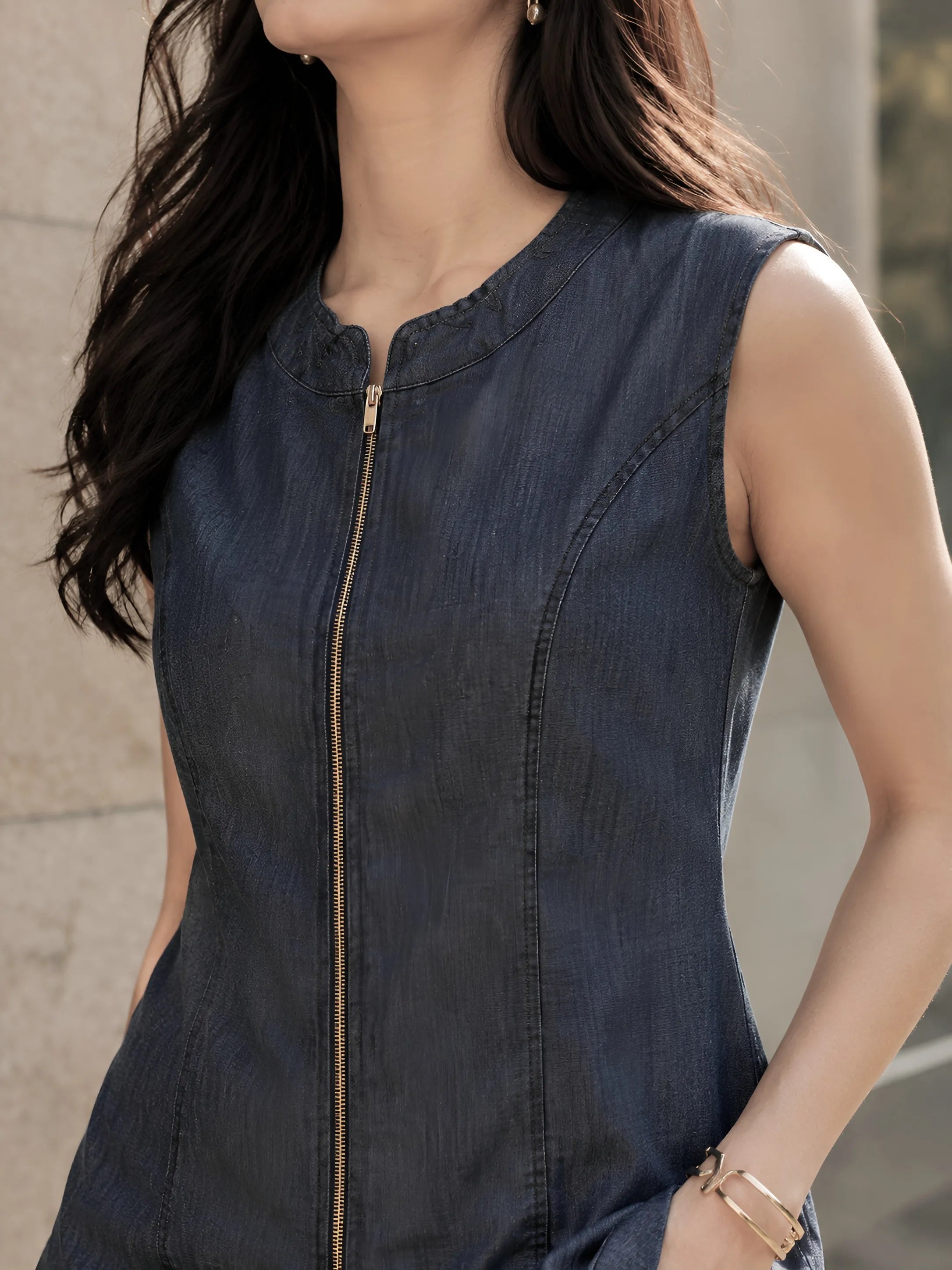 Grey Sleeveless Zip-Front Co-ord Set with Band Neckline in Cotton Denim
