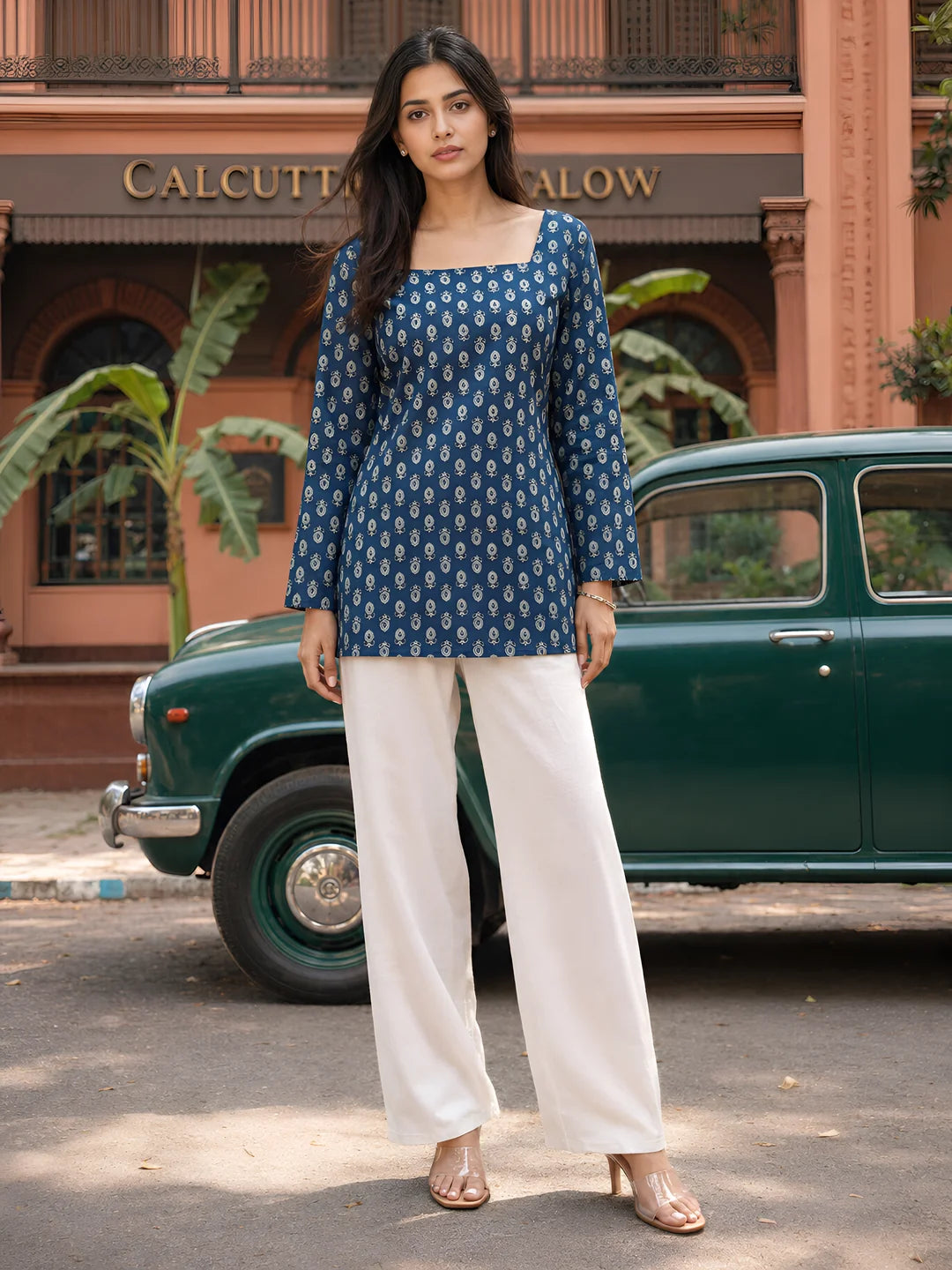 Dark Blue Floral Buti Short Kurti in Cotton