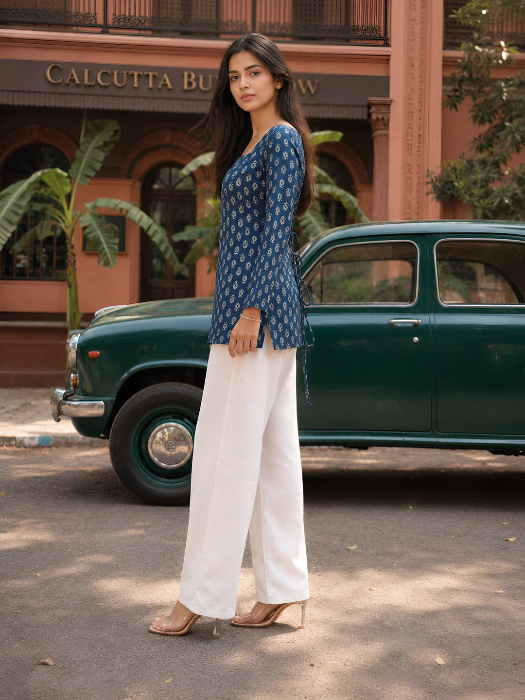 Dark Blue Floral Buti Short Kurti in Cotton