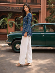 Dark Blue Floral Buti Short Kurti in Cotton
