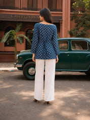 Dark Blue Floral Buti Short Kurti in Cotton