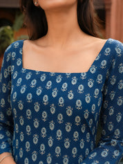 Dark Blue Floral Buti Short Kurti in Cotton