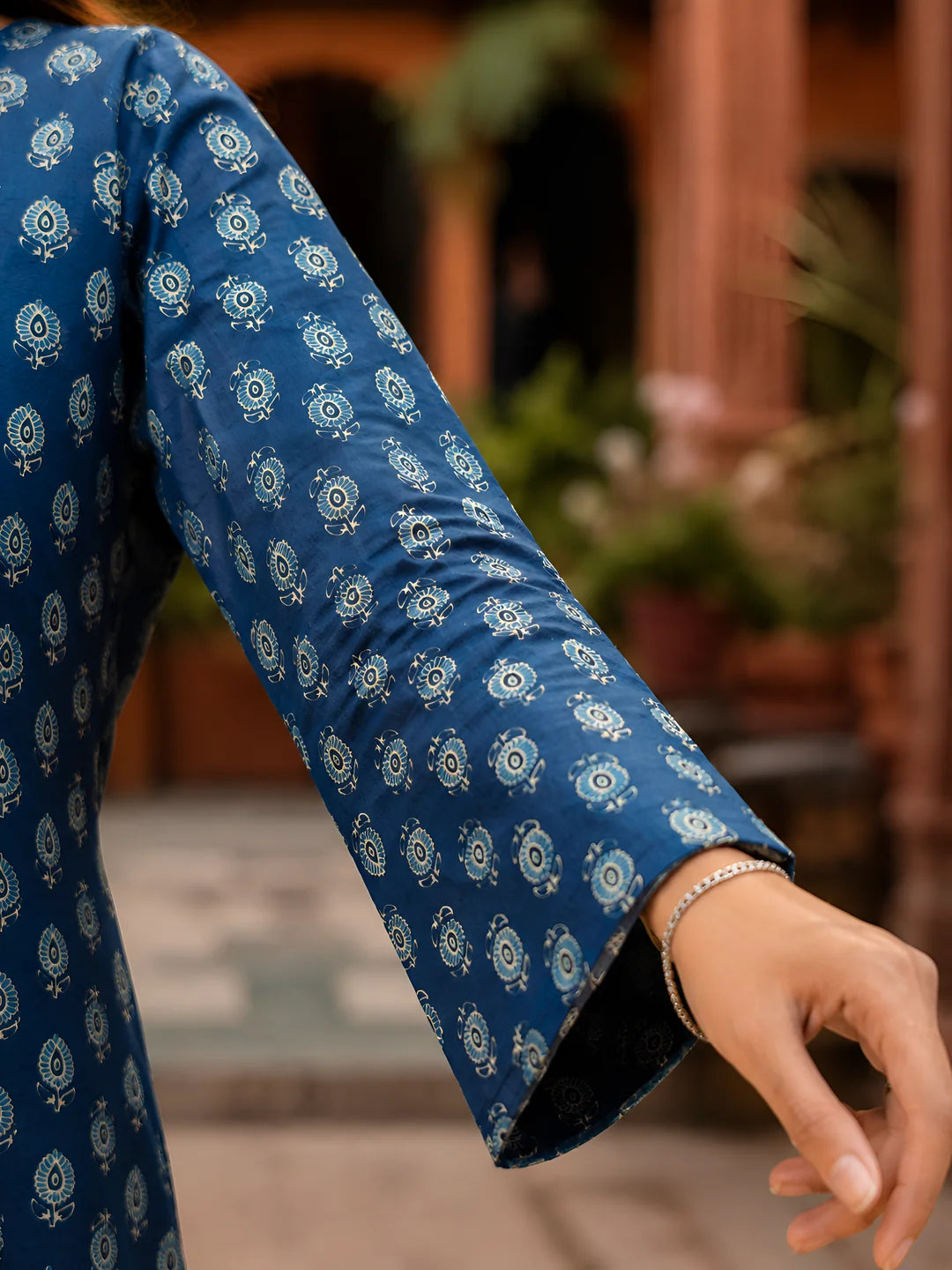 Dark Blue Floral Buti Short Kurti in Cotton