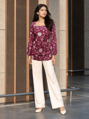 Light Plum Floral Print Short Kurti in Cotton