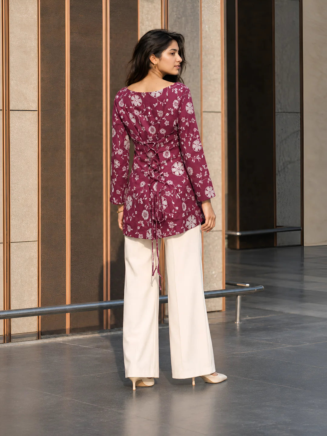 Light Plum Floral Print Short Kurti in Cotton