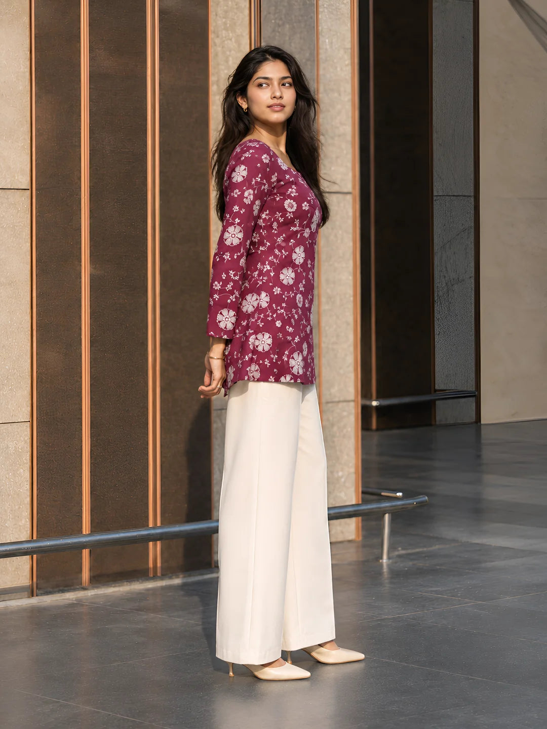 Light Plum Floral Print Short Kurti in Cotton