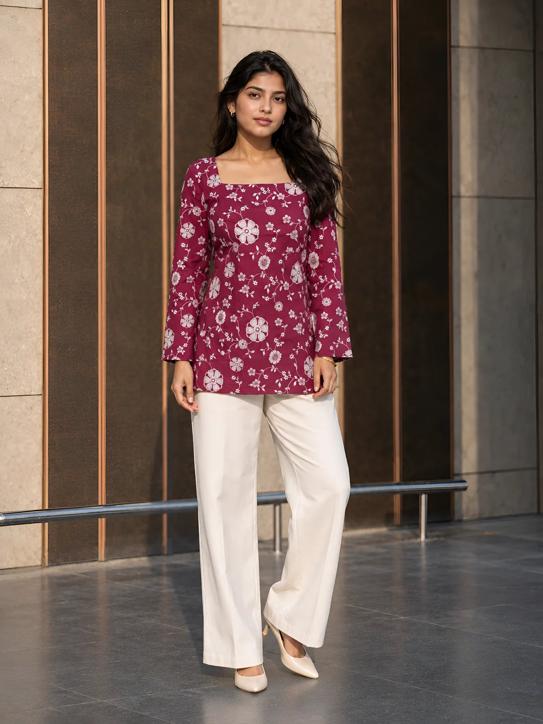 Light Plum Floral Print Short Kurti in Cotton