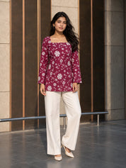 Light Plum Floral Print Short Kurti in Cotton
