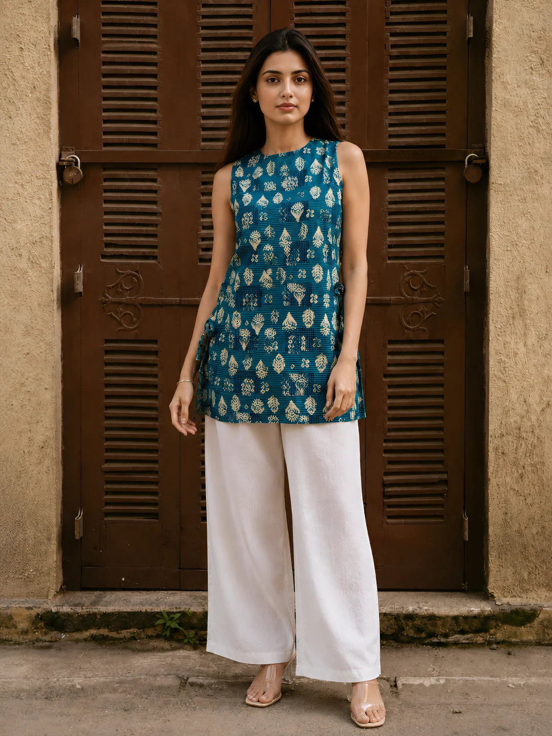 Blue & Beige Layered Block Print Cotton Short Kurti