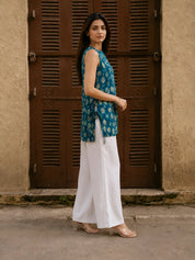 Blue & Beige Layered Block Print Cotton Short Kurti